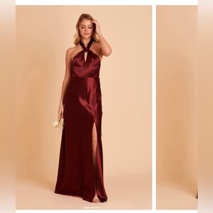 Bridesmaid- Cabernet Satin Grecian twist-front halter dress